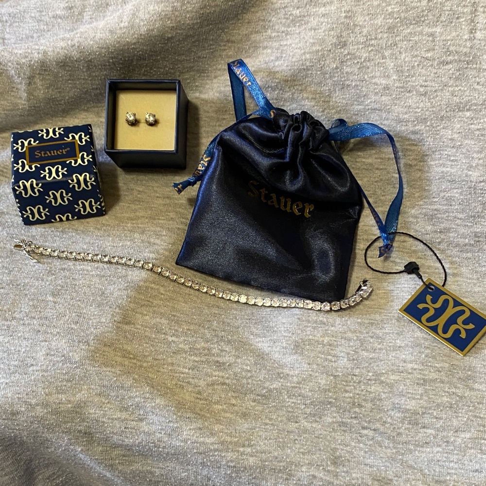 Stauer Diamond Aura Sterling Silver Tennis Bracelet and Stud Earrings Set